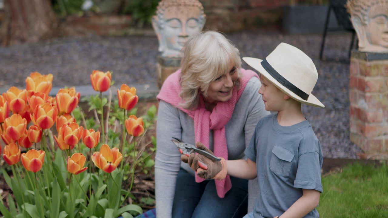 Grandmother and Grandson Gardening Together
