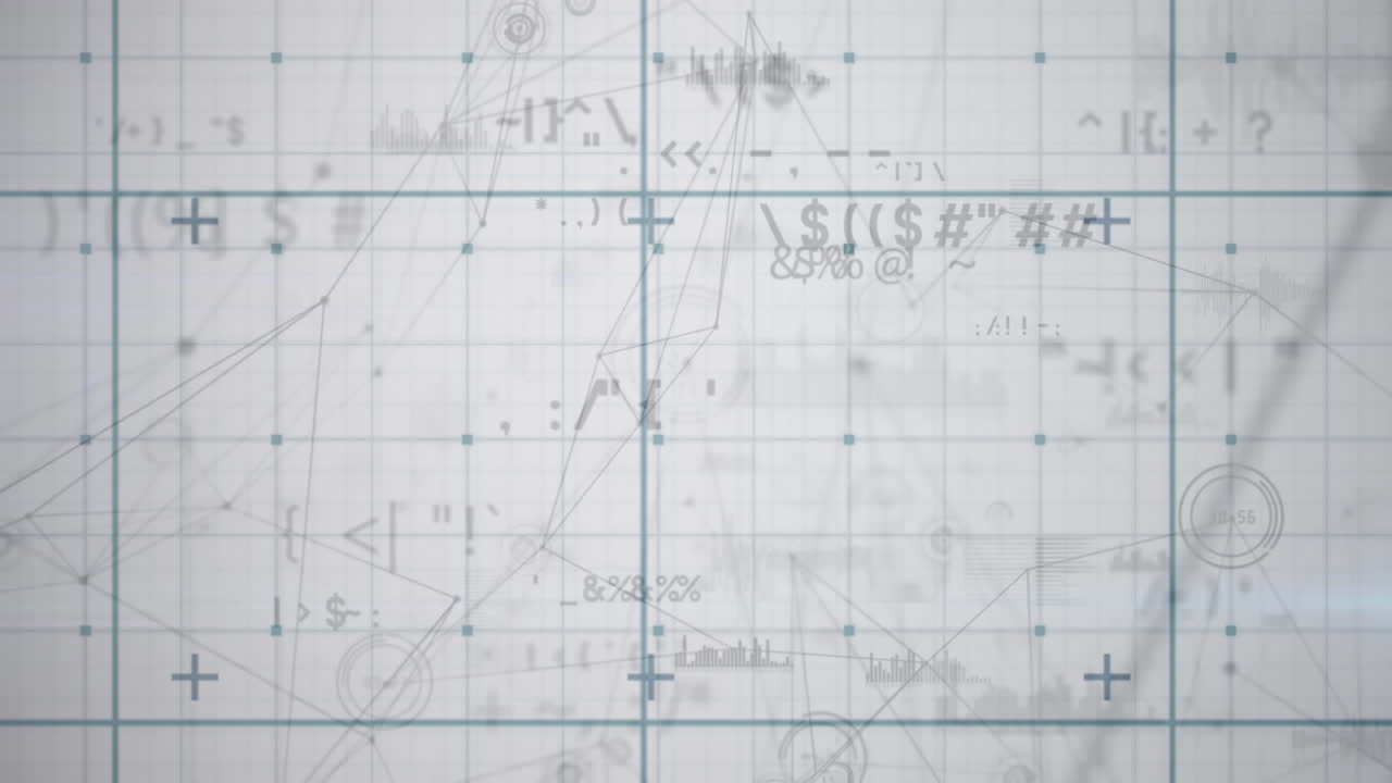 연결 네트워크의 애니메이션과 회색 배경에 대한 그리드 네트워크에서 변화하는 기호