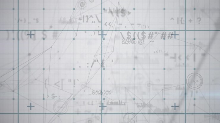 Animation of network of connections and changing symbols over grid network against grey background
