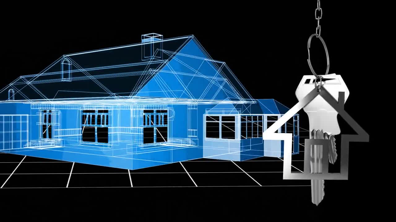 검은 바탕에 3d 집 모델 위에 매달린 집 열 ⁇ 와 열 ⁇   ⁇