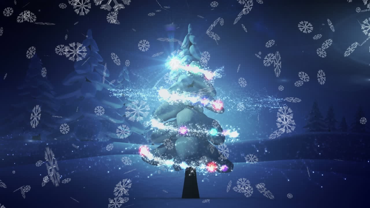 冬の背景にある流れ星とクリスマスツリーの上に雪の結晶が舞い落ちるアニメーション