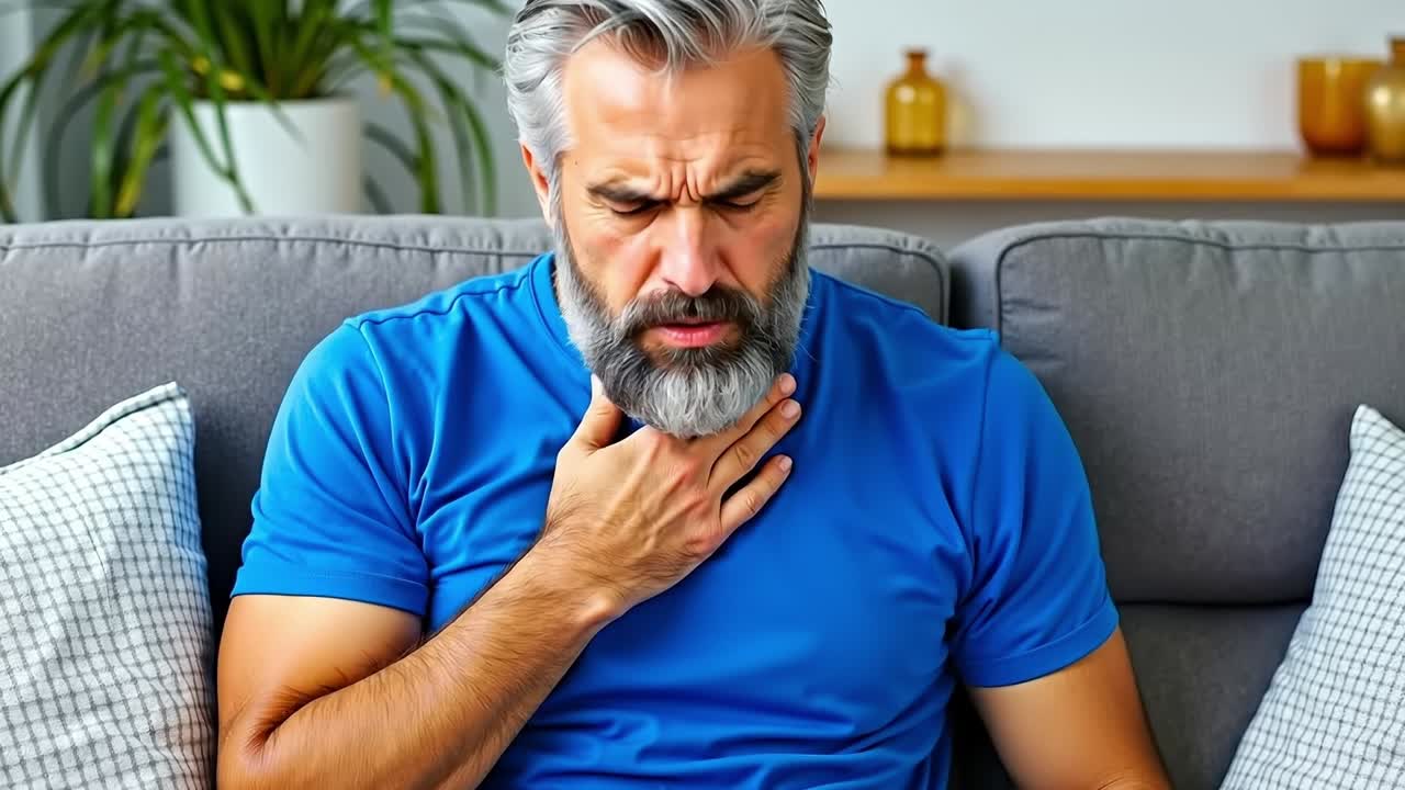 A man sitting on a couch with his hand on his chest