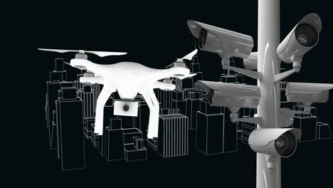 animation of 3d white outline architectural model spinning and drone flying