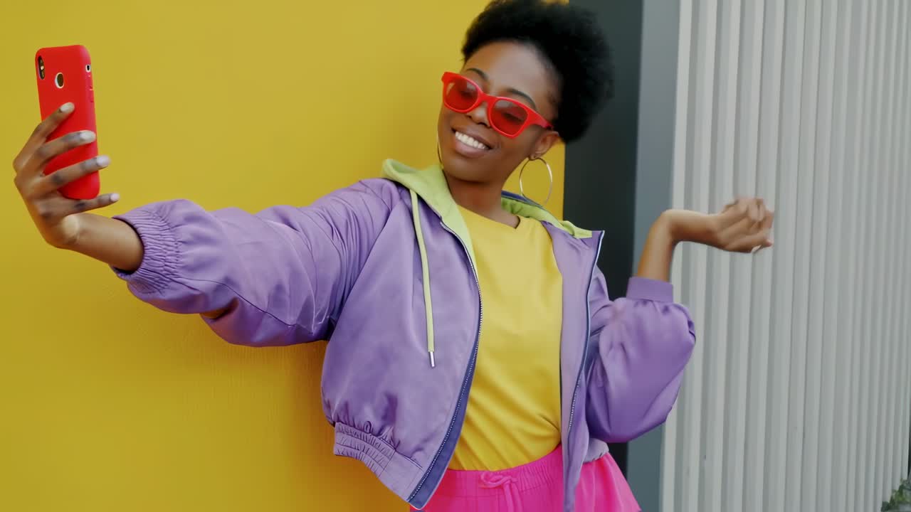 Stylish young woman wearing colorful sunglasses capturing vibrant selfie moments with red smartphone against bright yellow urban wall background