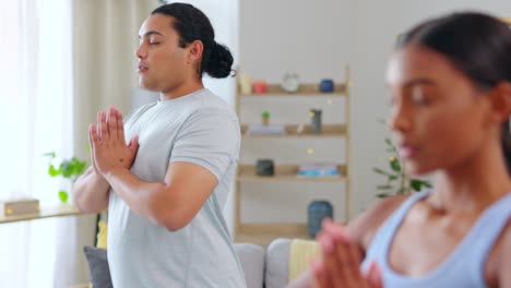 Meditation,-man-and-woman-in-living-room-for-zen