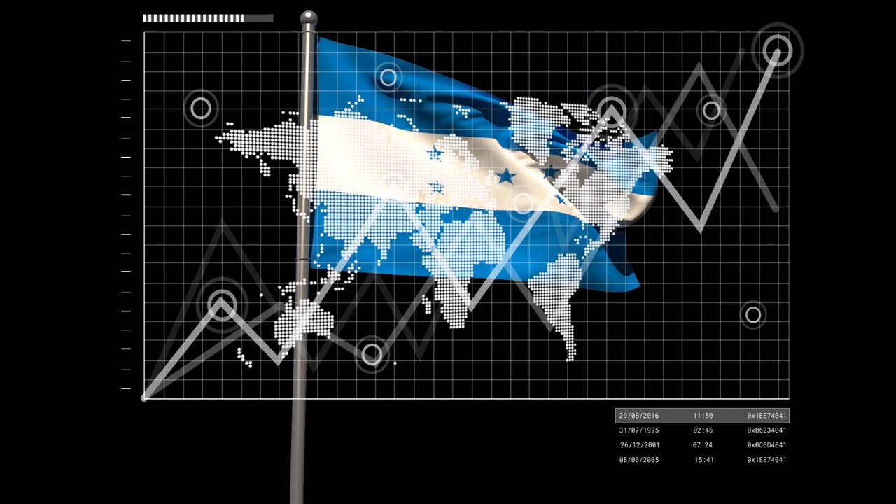 Animation starting, blue-white-blue flag rippling while white line graph rising over map for data