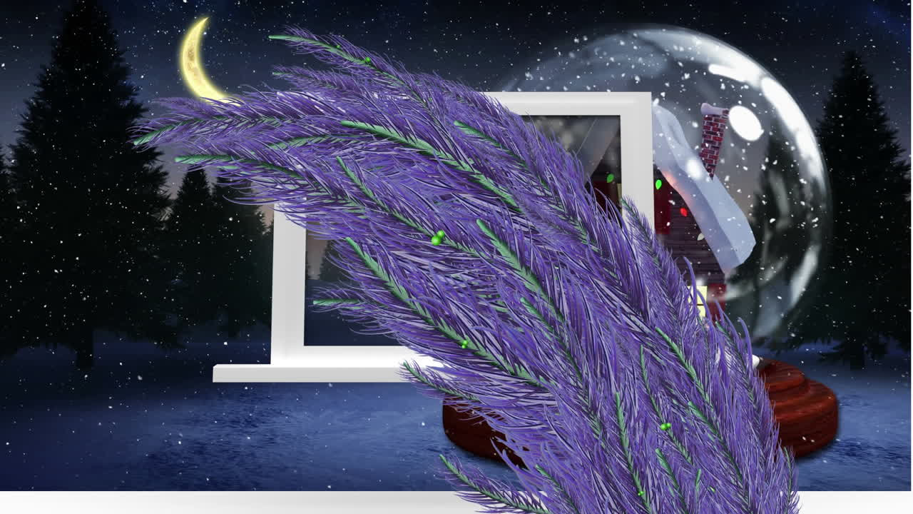 보라색 소나무 가지 와 눈  ⁇ 어리 위 에 내리는 눈 의 애니메이션