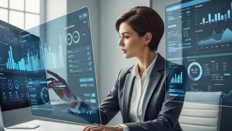 a professional woman engaged in data analysis, utilizing advanced digital interfaces to interpret complex graphs and analytics, showcasing expertise in technology and statistics