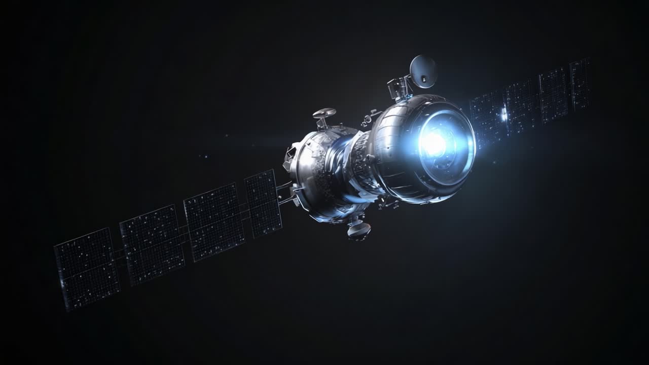 A Futuristic Spacecraft Exploring the Depths of the Universe, Equipped with Advanced Technology, Illuminating the Dark Void of Space with a Powerful Light Source
