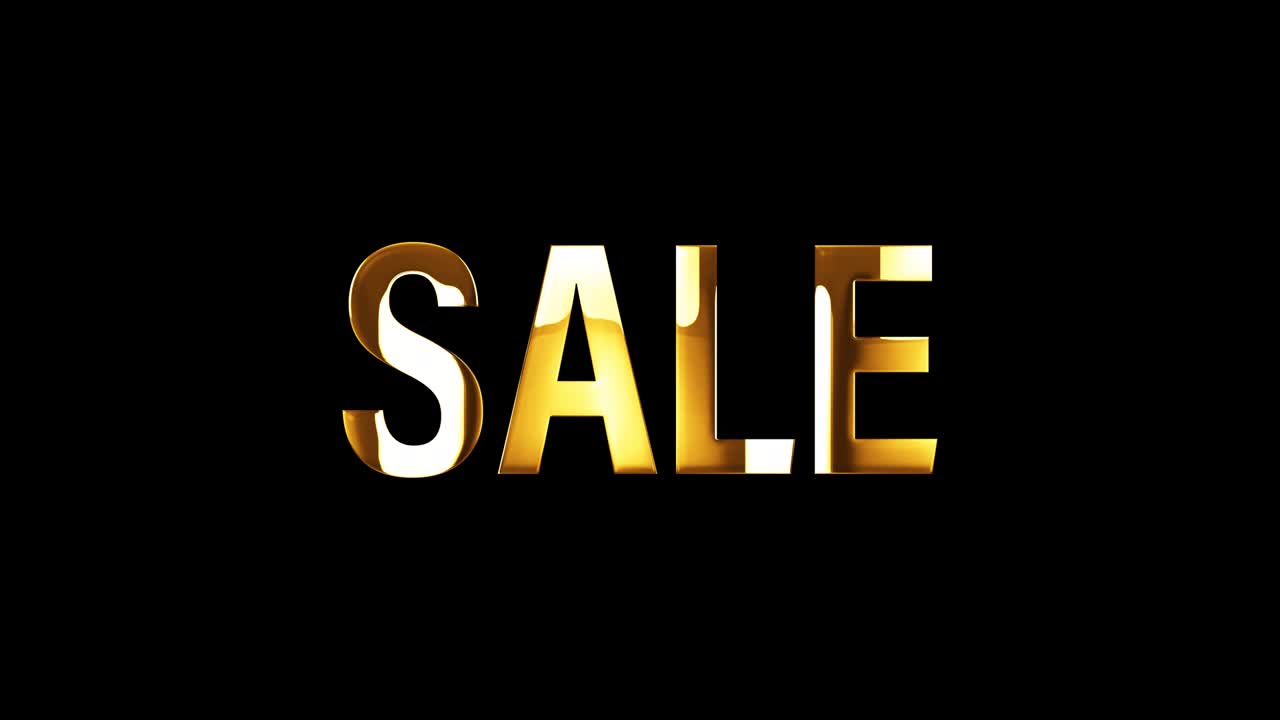 4k 3d venta título de palabra dorada. ilustración 3d de palabra aislada aislada utilizando el canal alfa quicktime prores 4444 con bucle de luz dorada. venta concepto de elemento de efecto de bucle de texto de oro.