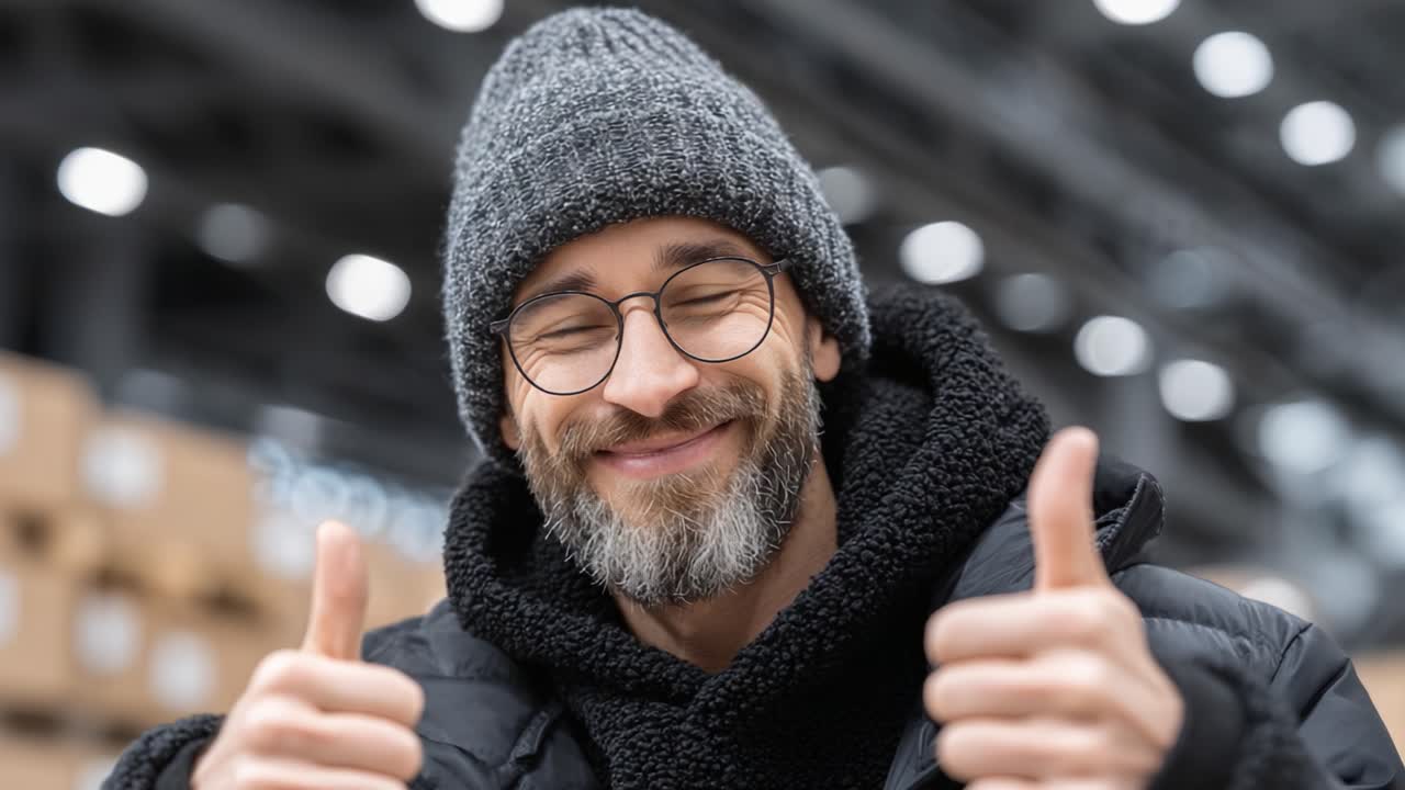 A cheerful man in a cozy beanie and warm jacket gives a double thumbs up, showcasing his positive attitude in a vibrant indoor setting filled with boxes
