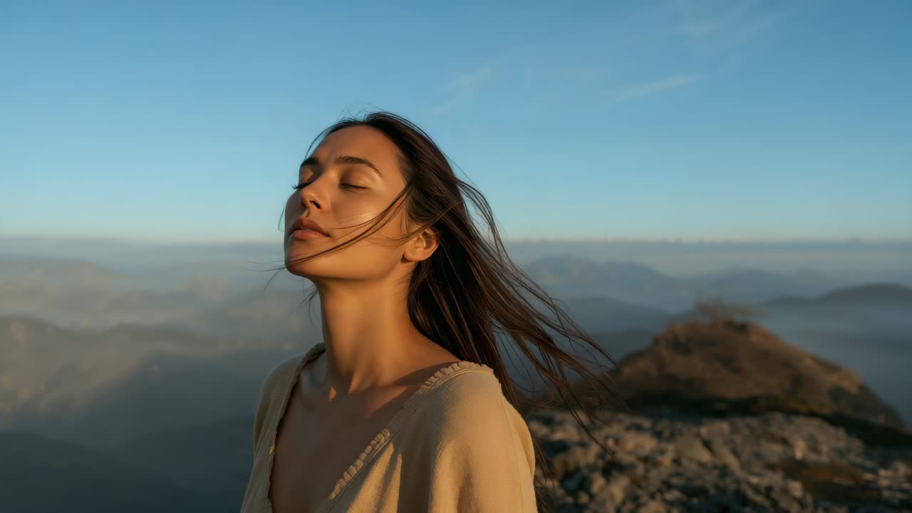 Standing woman in beige top tilting, feeling sun, breeze lifting hair on rocky ridge, mountains