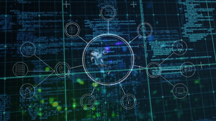 Animation of network of connections with icons and data processing over black background
