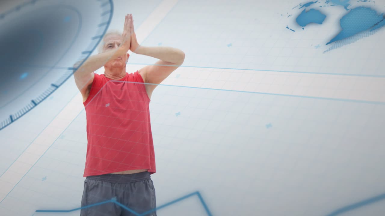 All'inizio, un uomo anziano che inizia una routine di stretching per il fitness con sottili sovrapposizioni di orologio e mappa del mondo.
