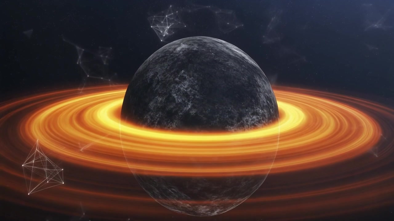Planet Abstrak dengan Cincin Oranye Bercahaya dan Koneksi Jaringan Digital