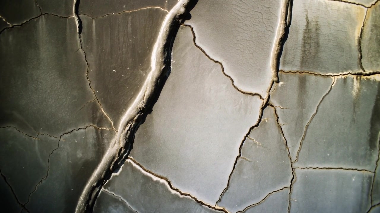 Showing close shot cracked surface with camera recentering, revealing diagonal fissure and speckles