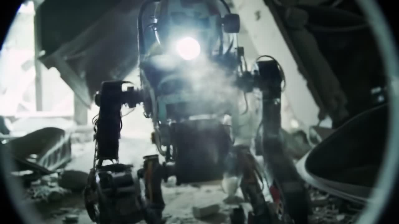 A robot navigates through the debris of an abandoned structure, using its flashlight to illuminate dark corners and uncover hidden details in a thrilling exploration.