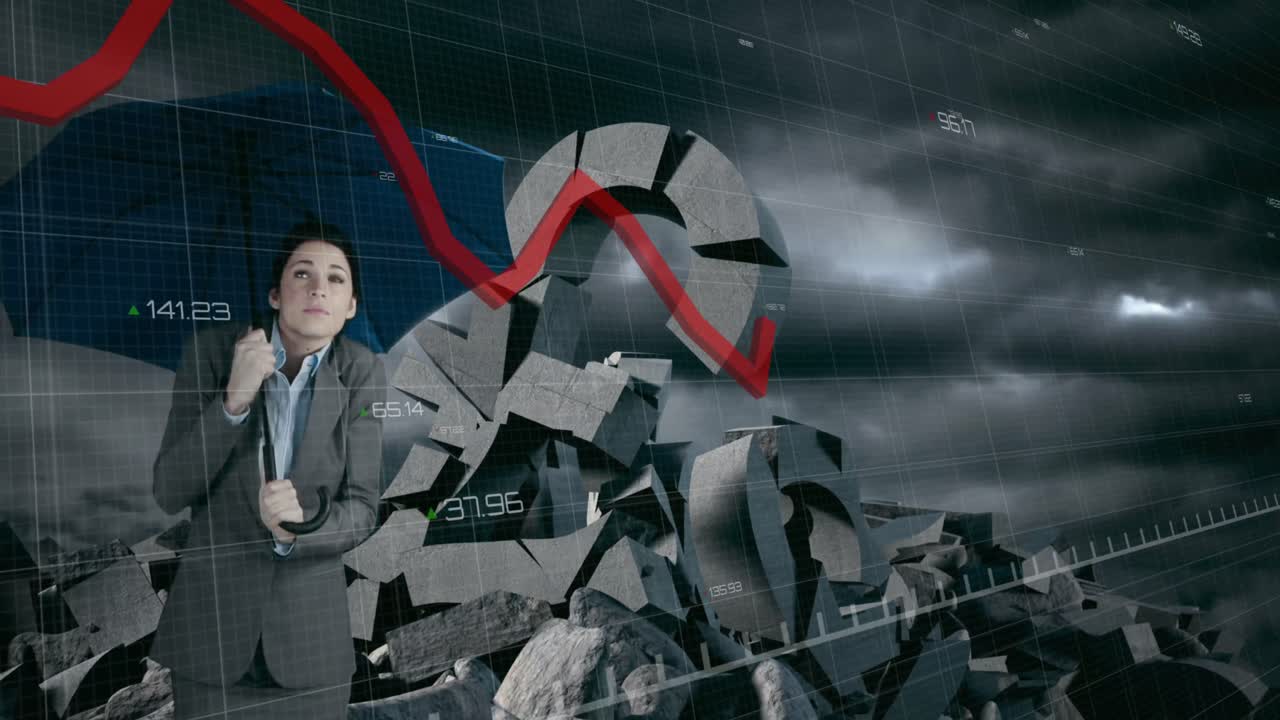 gráficos rojos moviéndose contra una mujer de negocios sosteniendo un paraguas
