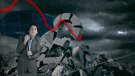 gráficos rojos moviéndose contra una mujer de negocios sosteniendo un paraguas