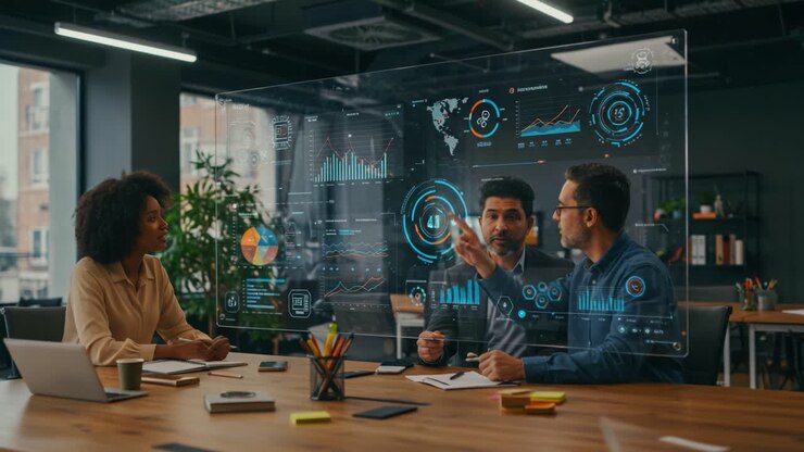Engagerende diskussion om interaktiv datavisualisering på en moderne arbejdsplads: Team samarbejder om forretningsindsigt og strategier med digitale grafer