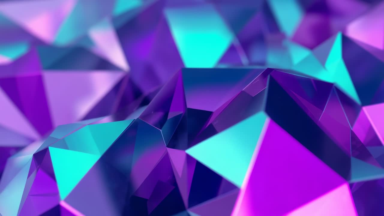 Camera pulling focus across low-poly crystalline surface in abstract scene, with purple teal facets