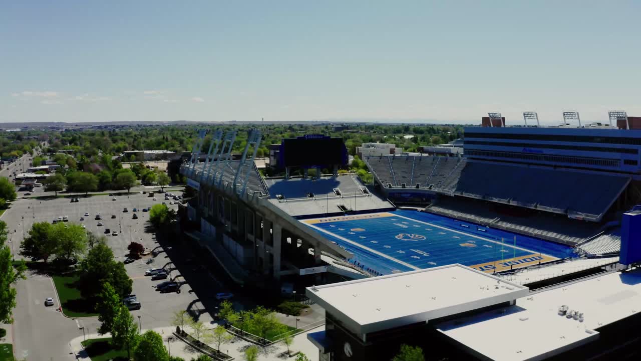 Wide aerial view of the Boise State University football stadium.