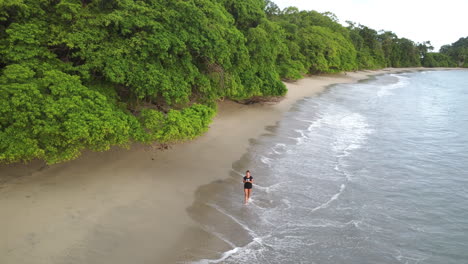 Vista-Aérea-De-Una-Mujer-Caminando-Sola-Por-La-Costa-Desierta,-Las-Olas-Salpican-Sus-Piernas-En-El-Paraíso-Tropical,-Manuel-Antonio,-Costa-Rica