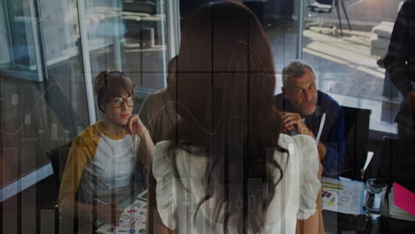 animation of financial data processing over diverse colleagues at meeting in office