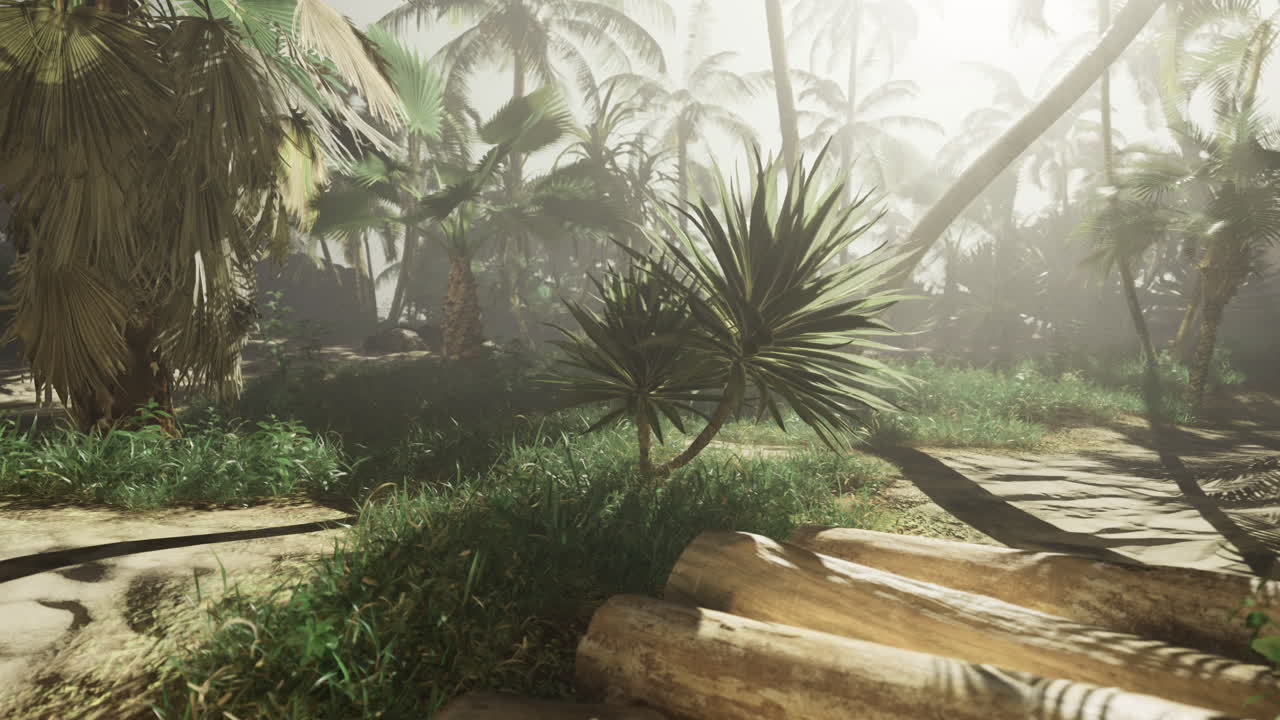 Lush tropical landscape with palm trees and vibrant greenery at dawn