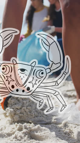 Animation-of-cancer-symbol-over-diverse-female-and-male-volunteers-picking-up-rubbish-on-beach