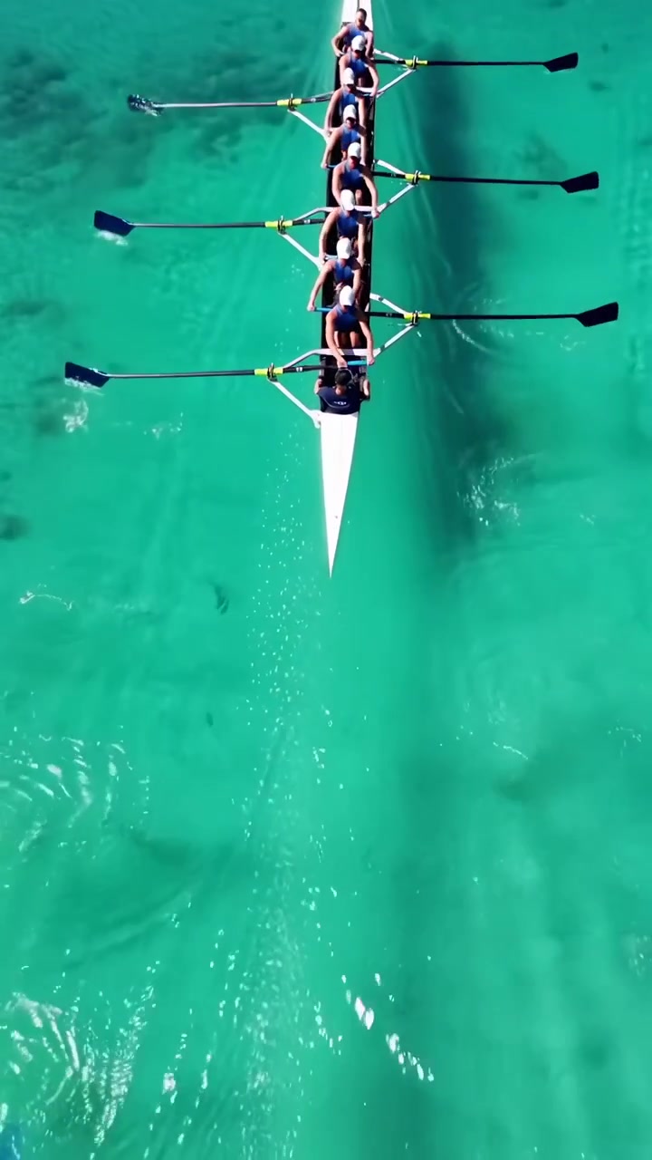 Aerial View of a Rowing Team Training on Clear Turquoise Water