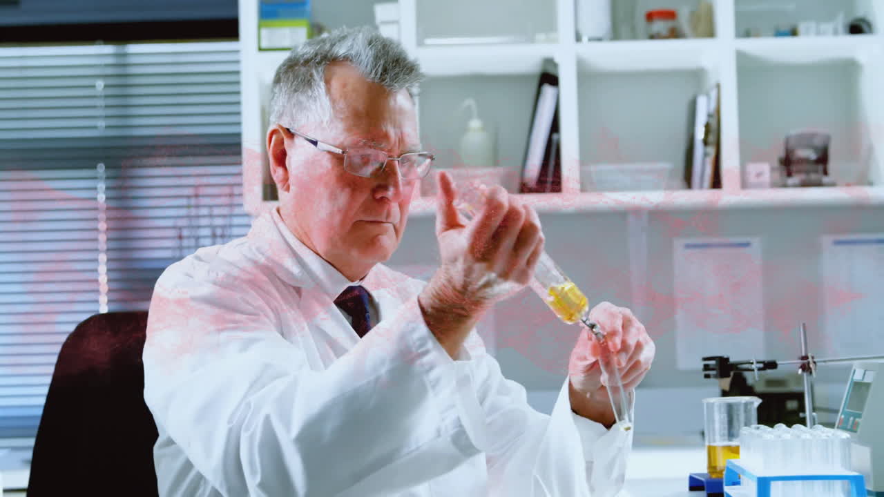 In school, scientist conducting experiment with test tubes and animation equipment