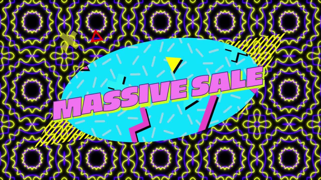 animación de texto de venta masiva sobre formas en fondo negro