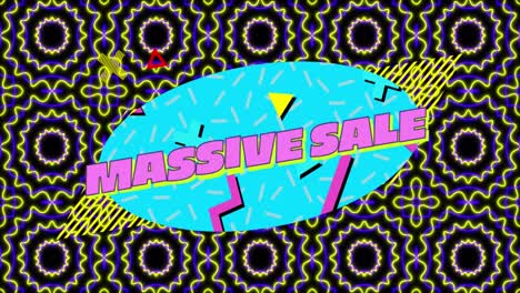 animation of massive sale text over shapes on black background