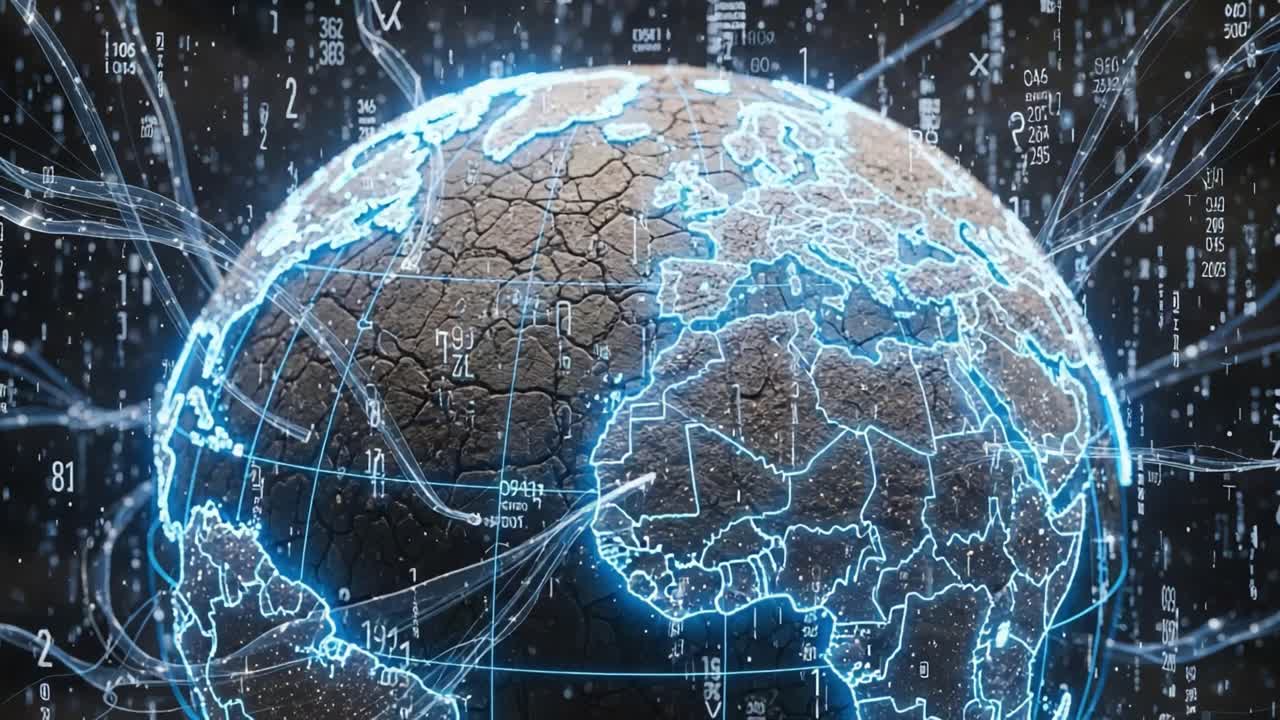 A Stunning Visual Display of a Detailed Earth Model Highlighting Global Connectivity Through Intricate Data Streams and Geographical Mapping