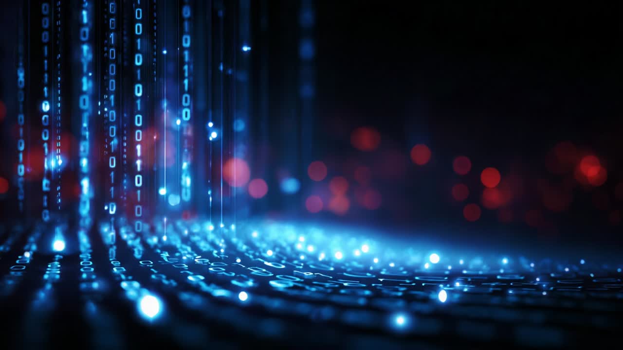 A captivating visual representation of digital data streams, showcasing cascading binary code with vibrant blue hues against a dark backdrop, embodying the essence of technology and information flow