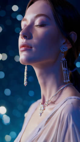 elegant woman in beige dress with jewelry