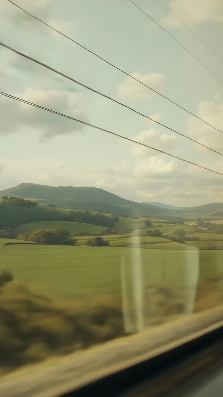 Vertical video: Departing train window showing pole sliding past farmland, with overhead wires