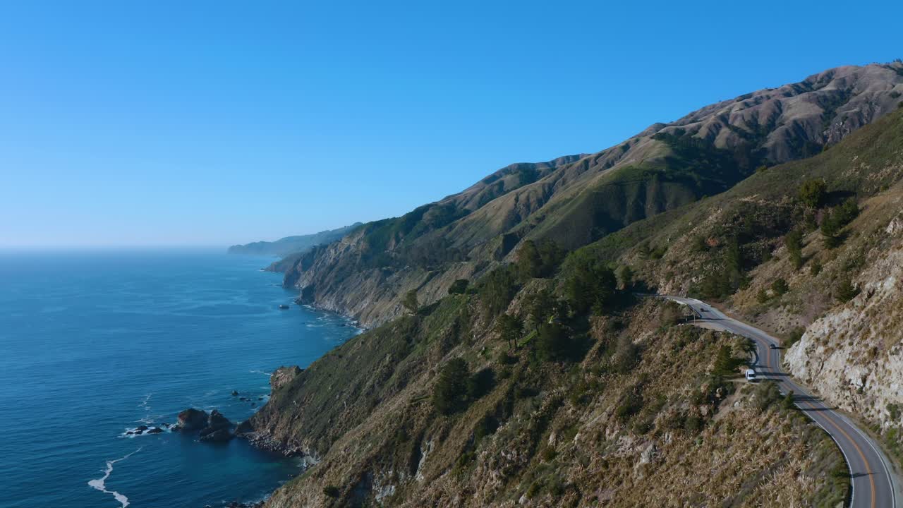Fly high over pacific coast highway in California, USA.