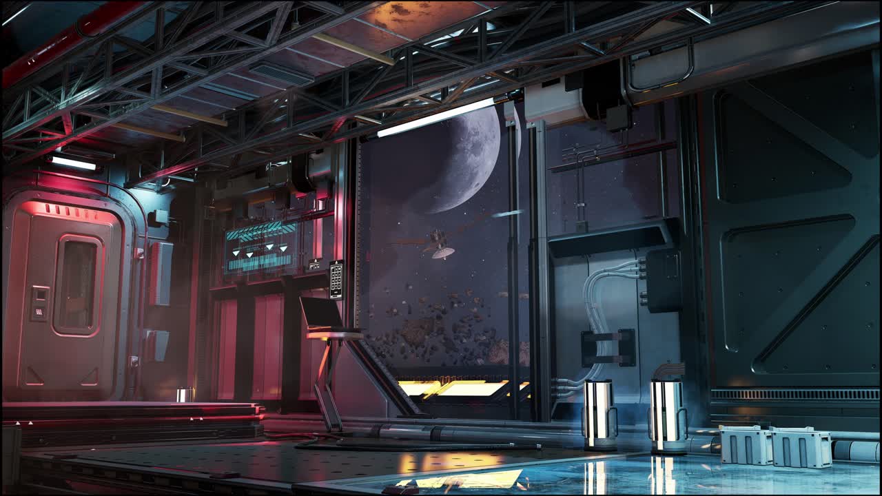 달을 볼 수 있는 미래의 우주 복도 3d 애니메이션