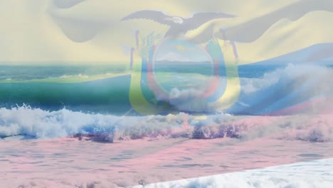 animation of flag of ecuador blowing over waves in sea