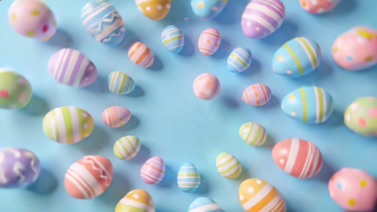 Playback starting, rotating pastel eggs tightening clockwise on blue surface, forming central egg