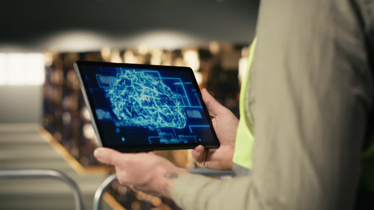 Worker in Warehouse Holding Tablet with AI Brain Graphic