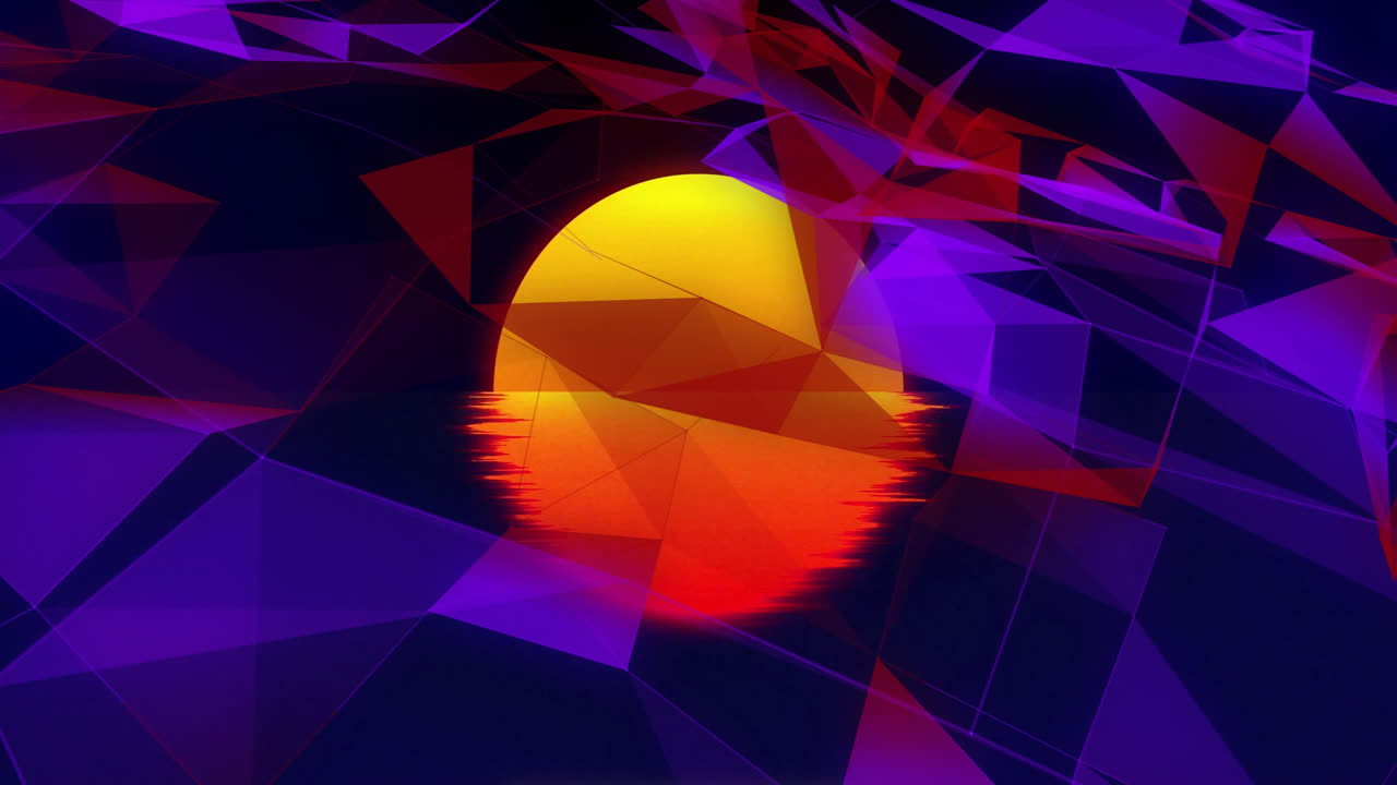 Animating geometric shapes and vibrant sunset over abstract background
