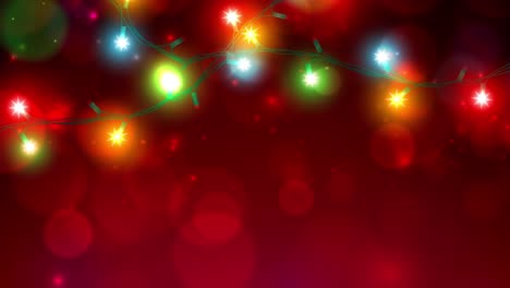 luces de navidad coloridas animadas. feliz navidad feliz año nuevo tarjeta de felicitación de vacaciones. luces brillantes sobre fondo rojo. guirnalda de navidad brillante. diseño de estandarte de fiesta de navidad de vacaciones. bucle sin costuras