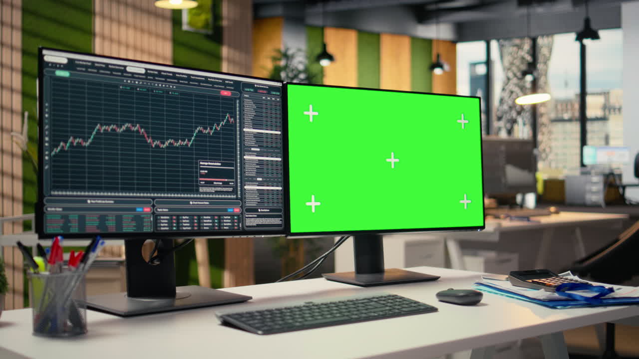 Trading software in proprietary firm office with graphs on green screen PCs