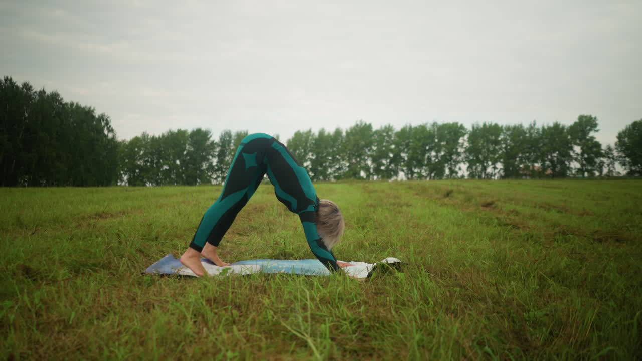 mujer en traje verde y negro en postura de perro mirando hacia abajo mirando hacia la derecha, practicando yoga al aire libre en una alfombra de yoga en un campo de hierba bajo un cielo nublado, se centra en el equilibrio y la flexibilidad en la naturaleza
