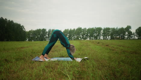 woman in green and black suit in downward facing dog pose facing right, practicing yoga outdoors on a yoga mat in grassy field under a cloudy sky, she focuses on balance, and flexibility in nature