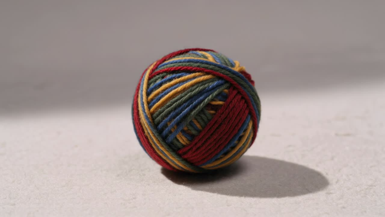 Registrazione che mostra un gomitolo di lana multicolore che si srotola su un tavolo grigio, formando una fascia lavorata a maglia color beige.