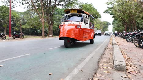 a tuk-tuk travels along a tree-lined street